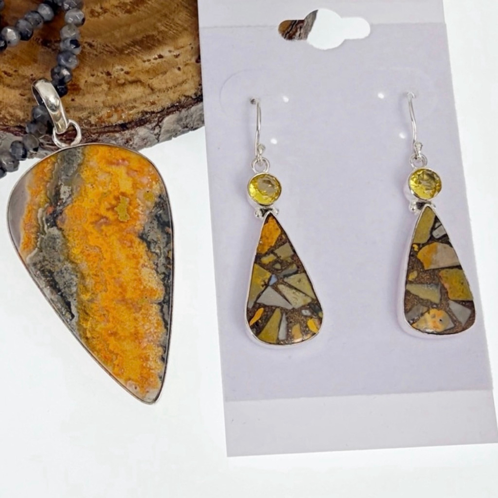 Set Lot Bumble Bee Jasper Pendant Earrings Necklace Sterling Silver 925
